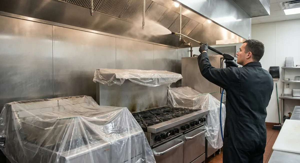 Professional hood cleaning technician servicing a restaurant exhaust system in Denver